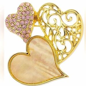 Pink Crystal Heart Gold Brooch